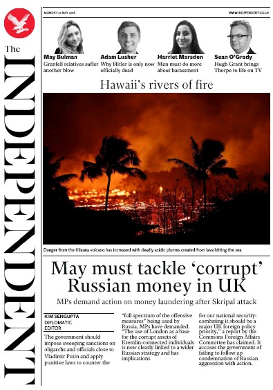 The Independent Newspaper Front Page for 21 May 2018