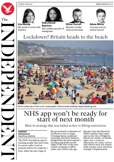 The Independent (UK) Newspaper Front Page for 21 May 2020