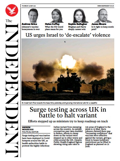 The Independent (UK) Newspaper Front Page for 21 May 2021