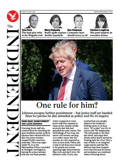 The Independent (UK) Newspaper Front Page for 21 May 2022
