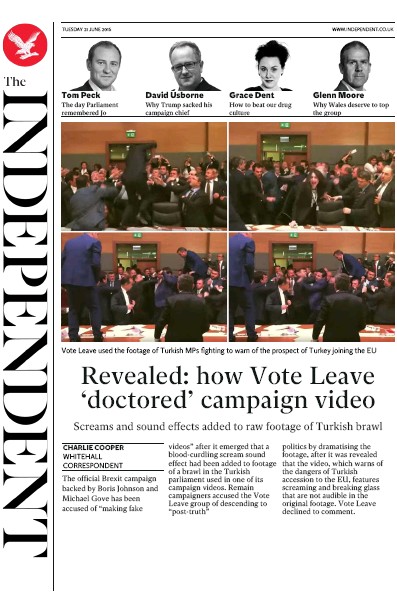The Independent Newspaper Front Page for 21 June 2016