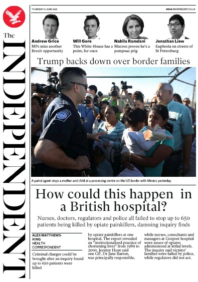 The Independent (UK) Newspaper Front Page for 21 June 2018
