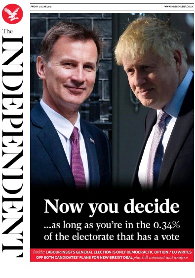 The Independent Newspaper Front Page for 21 June 2019