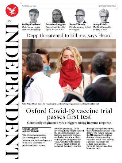 The Independent (UK) Newspaper Front Page for 21 July 2020