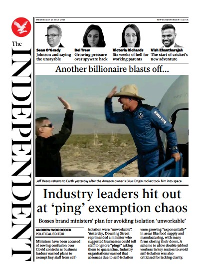 The Independent (UK) Newspaper Front Page for 21 July 2021