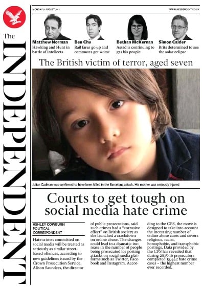 The Independent Newspaper Front Page for 21 August 2017