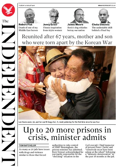 The Independent Newspaper Front Page for 21 August 2018