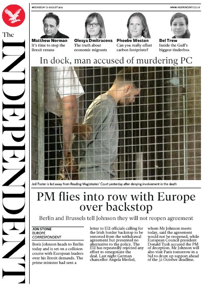 The Independent Newspaper Front Page for 21 August 2019