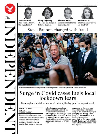 The Independent Newspaper Front Page for 21 August 2020
