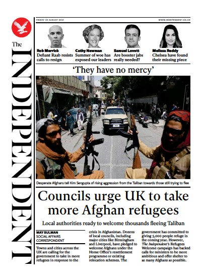 The Independent (UK) Newspaper Front Page for 21 August 2021