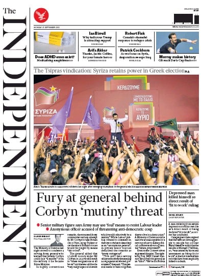 The Independent Newspaper Front Page for 21 September 2015