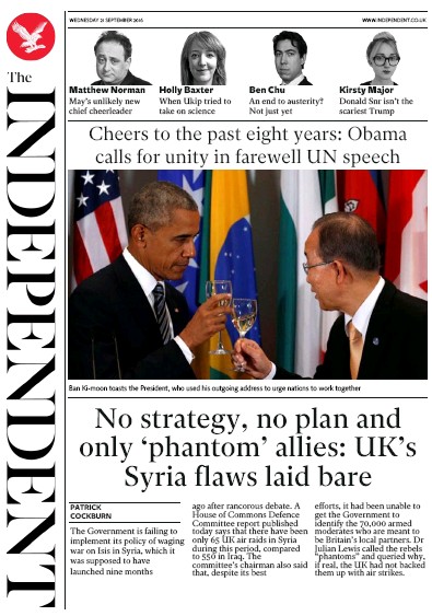 The Independent (UK) Newspaper Front Page for 21 September 2016
