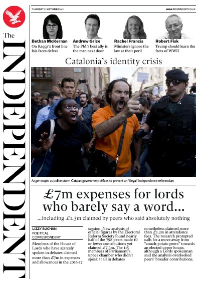 The Independent (UK) Newspaper Front Page for 21 September 2017