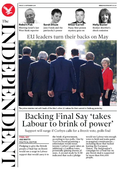 The Independent Newspaper Front Page for 21 September 2018
