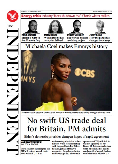 The Independent (UK) Newspaper Front Page for 21 September 2021