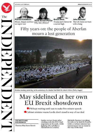 The Independent (UK) Newspaper Front Page for 22 October 2016