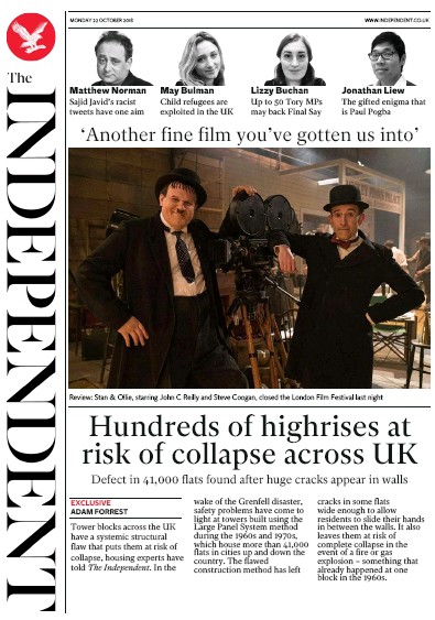 The Independent Newspaper Front Page for 22 October 2018
