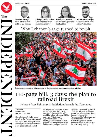 The Independent Newspaper Front Page for 22 October 2019