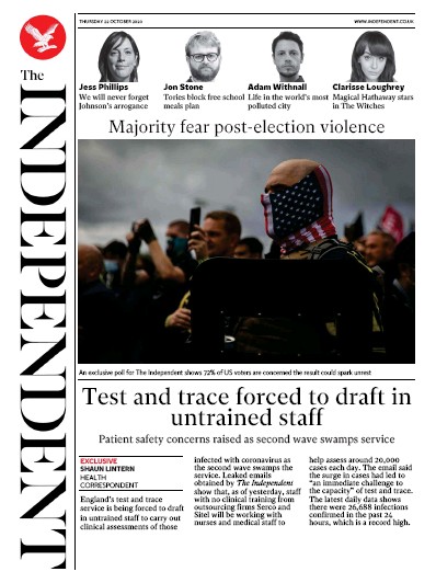The Independent (UK) Newspaper Front Page for 22 October 2020
