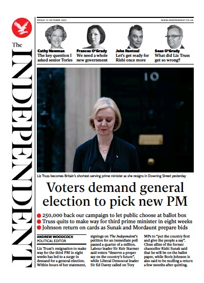 The Independent (UK) Newspaper Front Page for 22 October 2022
