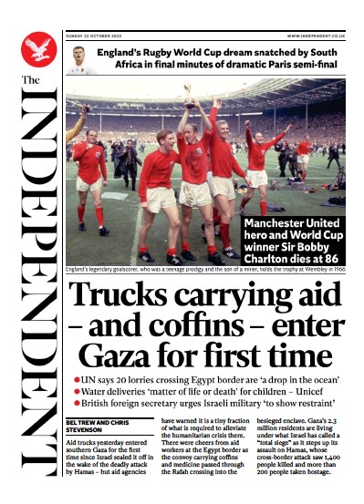 The Independent (UK) Newspaper Front Page for 22 October 2023