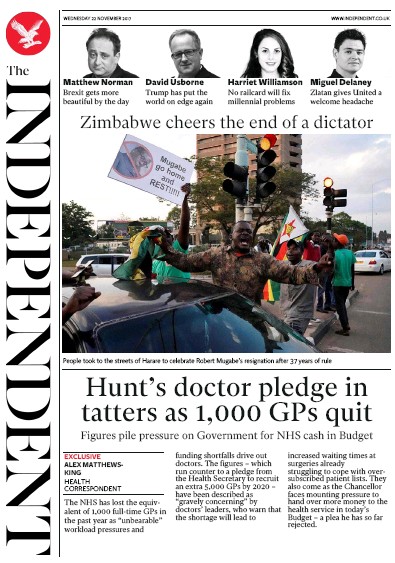 The Independent Newspaper Front Page for 22 November 2017