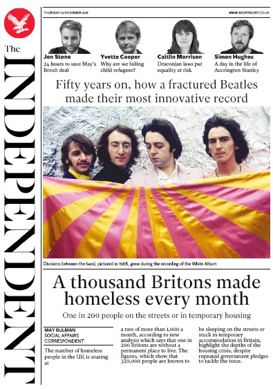The Independent Newspaper Front Page for 22 November 2018