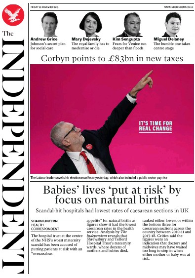 The Independent Newspaper Front Page for 22 November 2019