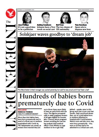 The Independent (UK) Newspaper Front Page for 22 November 2021