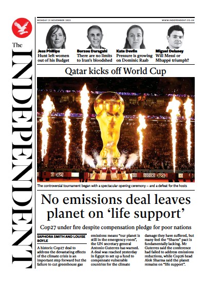 The Independent (UK) Newspaper Front Page for 22 November 2022