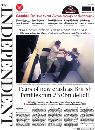 The Independent (UK) Newspaper Front Page for 22 December 2015
