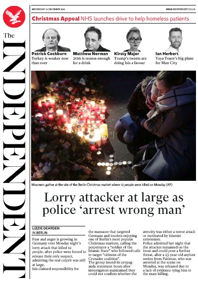 The Independent Newspaper Front Page for 22 December 2016