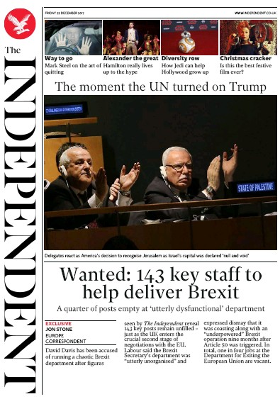 The Independent Newspaper Front Page for 22 December 2017
