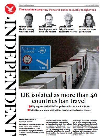 The Independent Newspaper Front Page for 22 December 2020