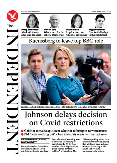 The Independent (UK) Newspaper Front Page for 22 December 2021