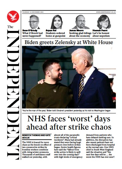 The Independent (UK) Newspaper Front Page for 22 December 2022