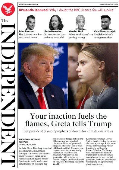 The Independent Newspaper Front Page for 22 January 2020