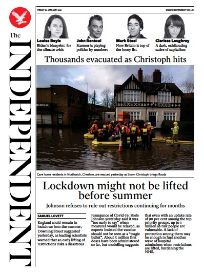 The Independent Newspaper Front Page for 22 January 2021