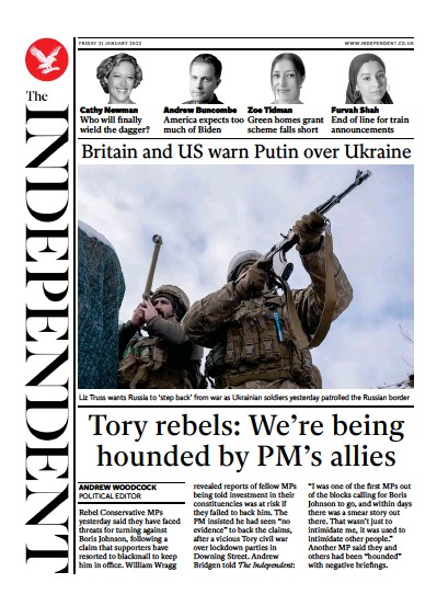 The Independent (UK) Newspaper Front Page for 22 January 2022