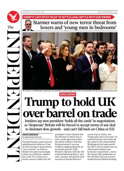 The Independent (UK) Newspaper Front Page for 22 January 2025