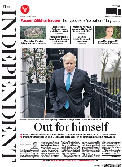 The Independent (UK) Newspaper Front Page for 22 February 2016