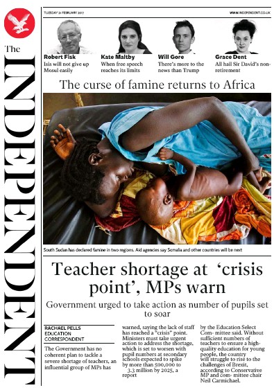 The Independent (UK) Newspaper Front Page for 22 February 2017