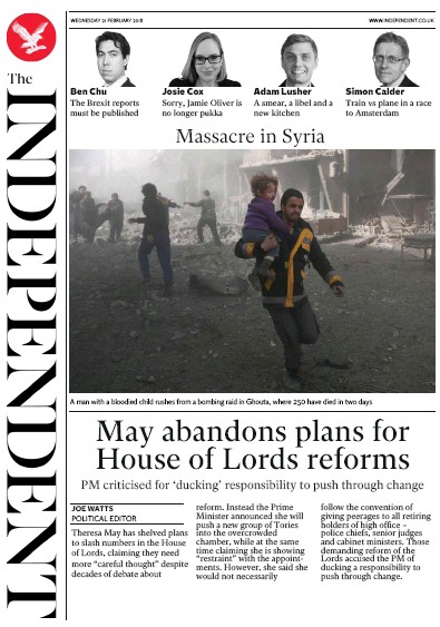 The Independent Newspaper Front Page for 22 February 2018