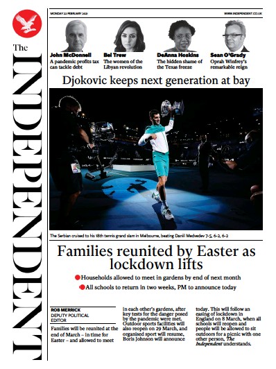 The Independent (UK) Newspaper Front Page for 22 February 2021