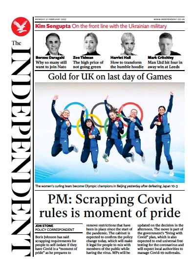 The Independent Newspaper Front Page for 22 February 2022