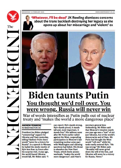 The Independent (UK) Newspaper Front Page for 22 February 2023
