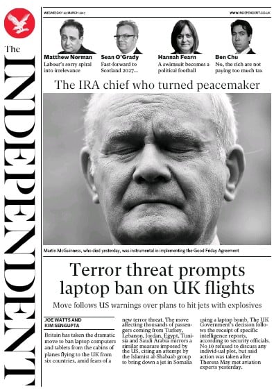 The Independent Newspaper Front Page for 22 March 2017
