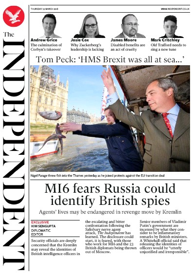 The Independent Newspaper Front Page for 22 March 2018