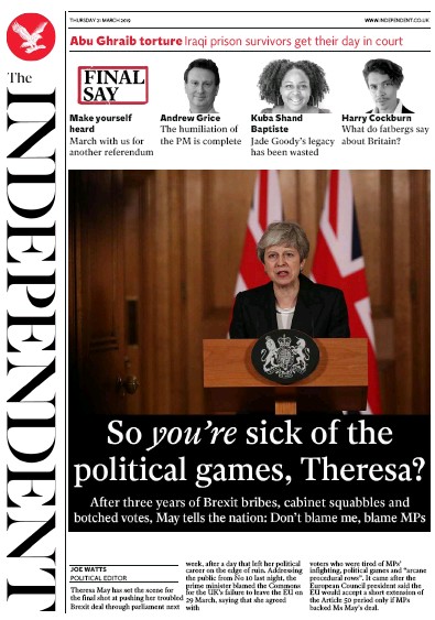 The Independent Newspaper Front Page for 22 March 2019
