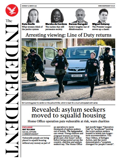 The Independent (UK) Newspaper Front Page for 22 March 2021